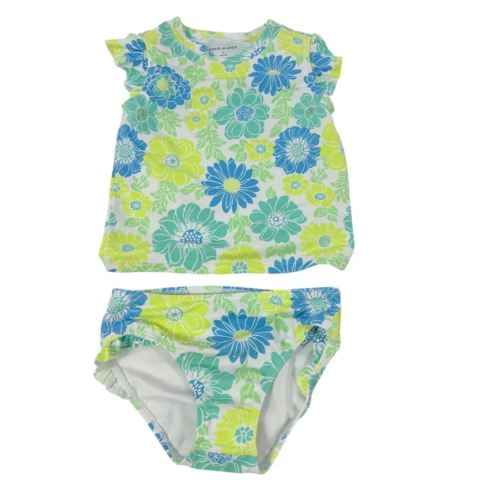 Janie and Jack Swimsuit Kids Size 6‎ Blue Green Excellent Floral Flutter Sleeve